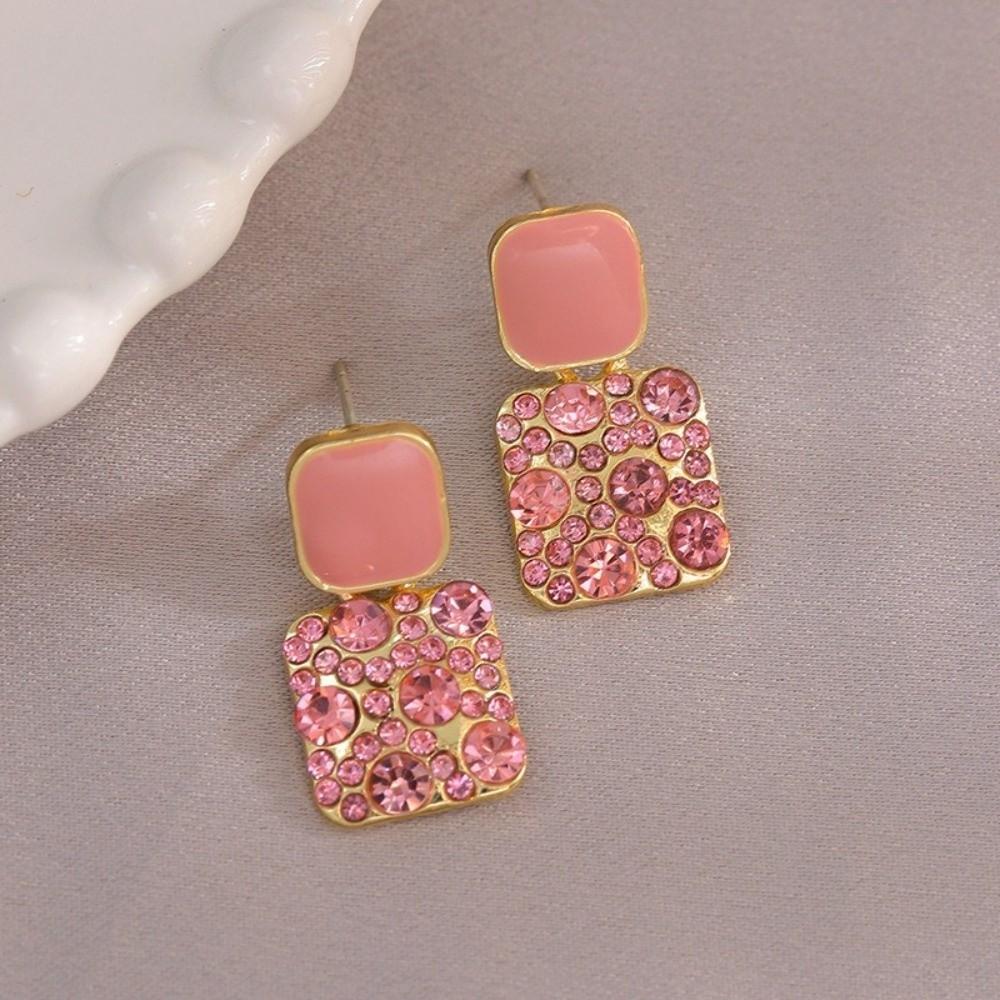 Retro Rhinestone Earrings Square White Pink Purple Drop Earrings Shiny Dripping Oil Geometric Earrings Women Jewelry розовый