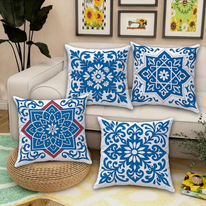 Blau-Weiße Florale Fliesen Kissenbezüge, Marokkanische Damast Dekorative Überwurf-Kissenbezüge, Boho Wohnkultur Für Sofa Bett, Ohne Füllung