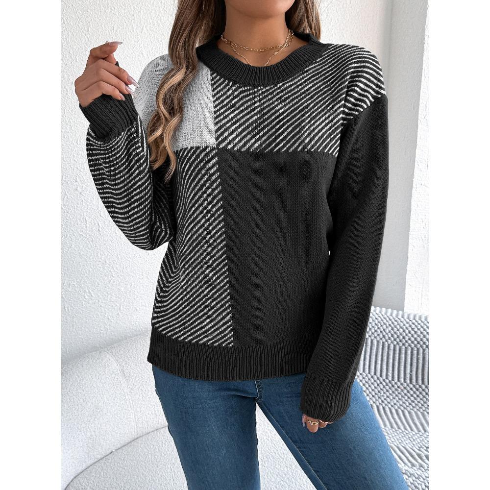 

Women s Autumn and Winter Casual Checkered Long-sleeved Pullover Sweater S