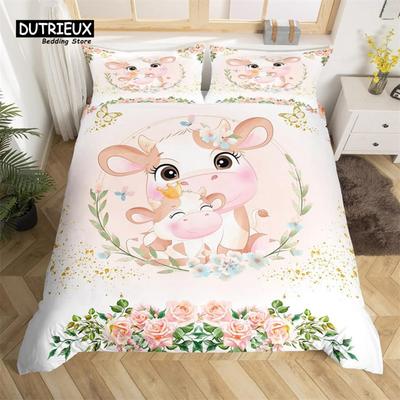 Cute Milk Cow Bedding Set King Cartoon Animal Duvet Cover Botanical Floral Comforter Cover Microfiber Farmhouse Bedspread Cover
