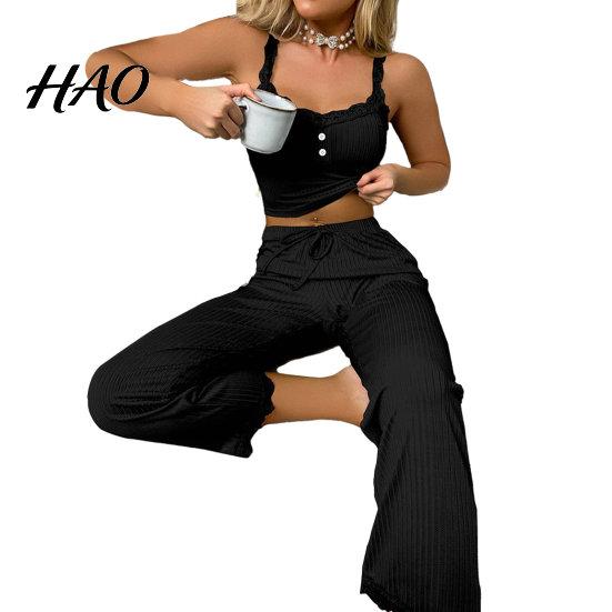 Women Pajamas 2 Pcs/Set Pants Top Suit Low-cut V Neck Sleeveless Solid Color Shirring Drawstring High Sleepwear Set Elastic Waist Lace Summer Homewear