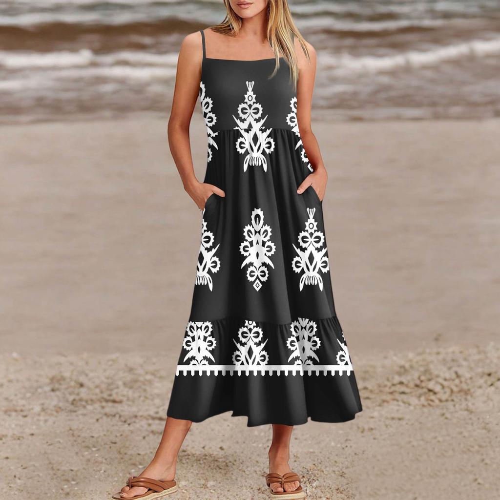 Women's Summer Spaghetti Strap Patchwork Beach Vacation Vintage Dress With Pockets