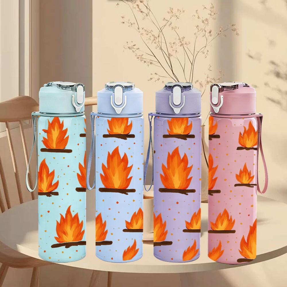 1PC Repeating Fire Flame Seamless Print 750ml Color Plastic Sports Water Bottle Leakproof Flip Straw Lid Suitable for Sports Office Home Use