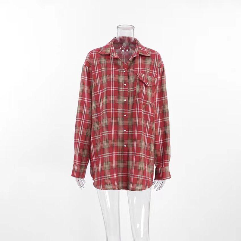 European and American Retro Plaid Lapel Long sleeve Loose Shirts Plaid Lapel Loose Fitting Shirt