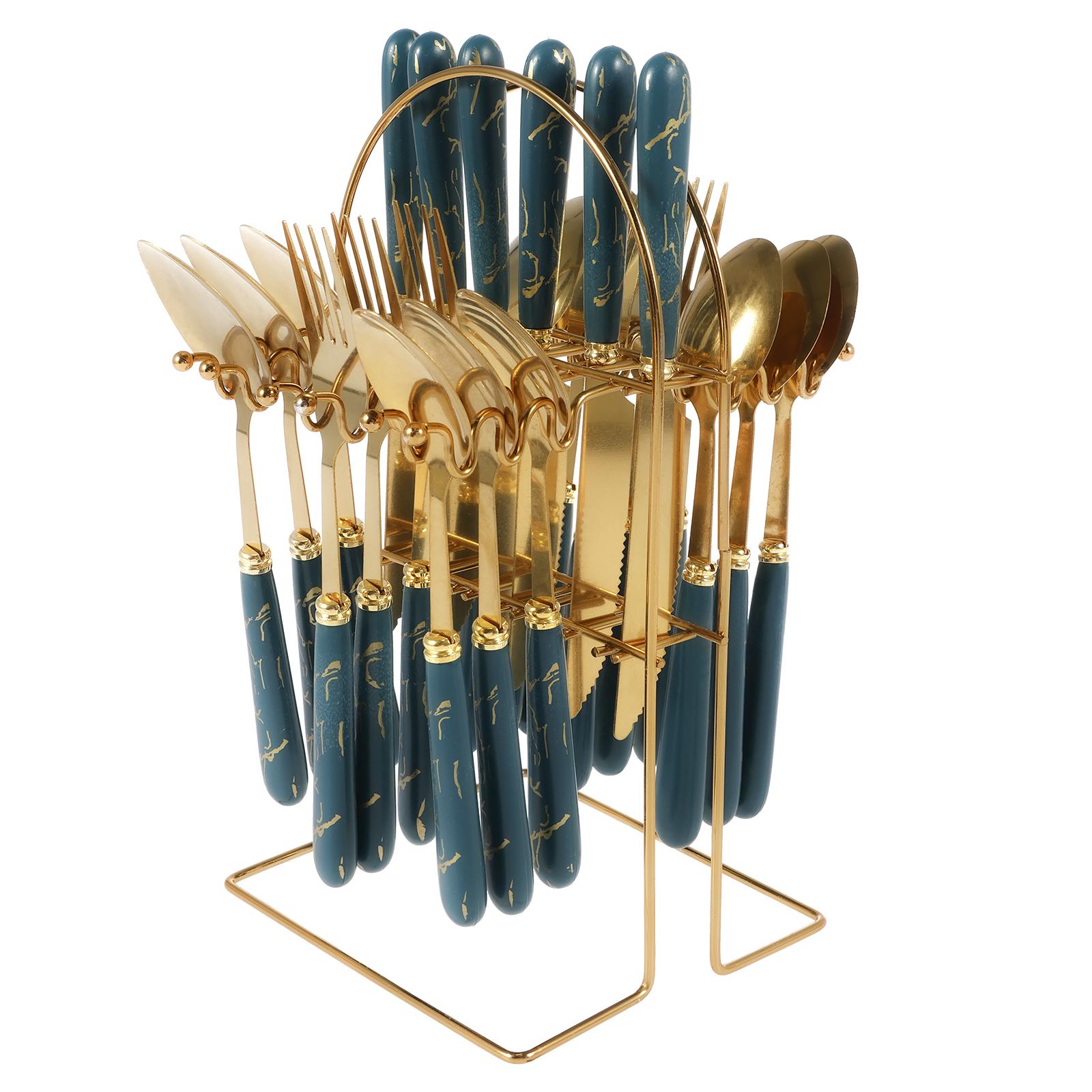 

24Pcs Stainless Steel Silverware Set Knives Forks and Spoons with Storage Holder Mirror Polished Flatware for Home Restaurant зелёный