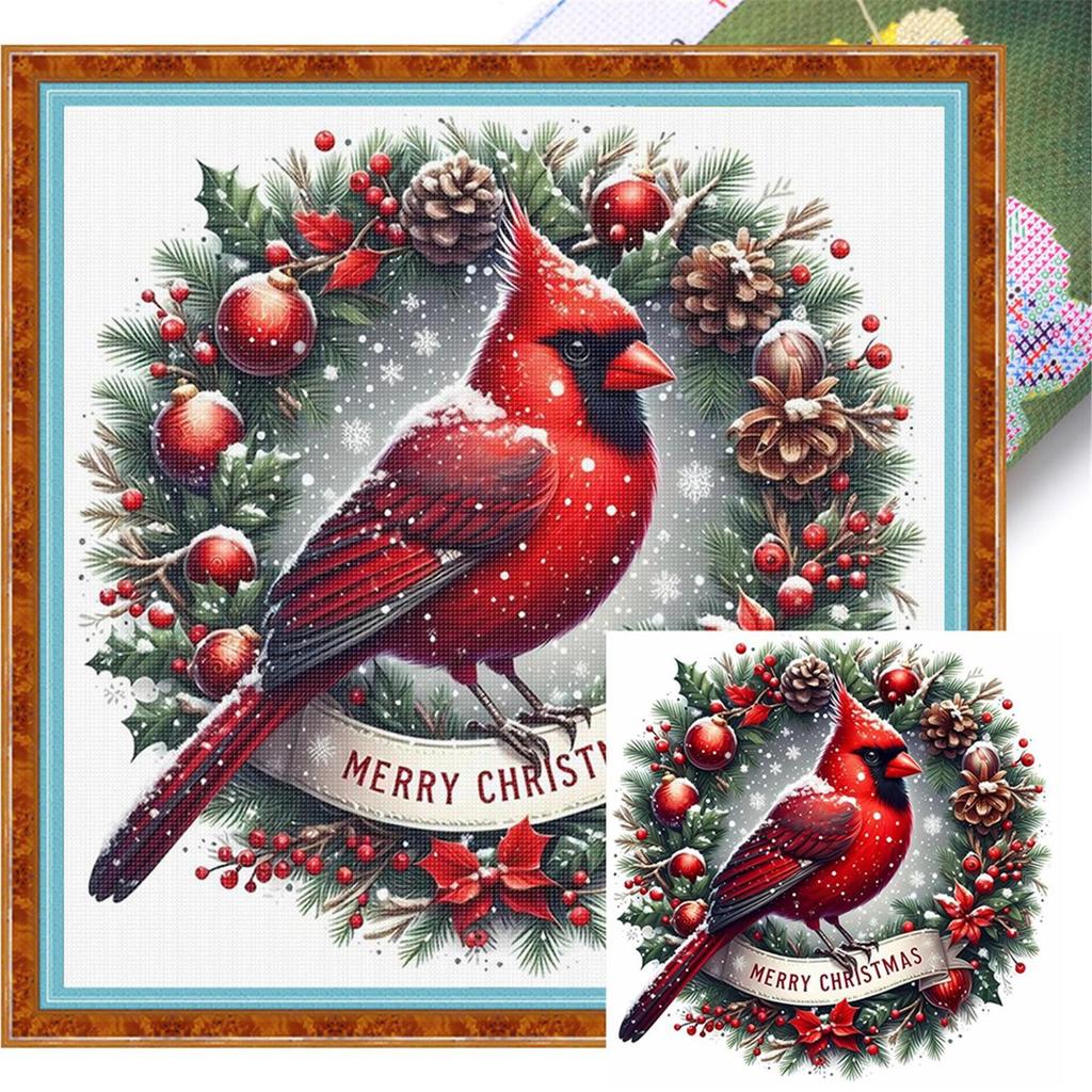 Christmas Bird Full 11CT DIY Stamped Cross Stitch Kits 15.75x15.75inch Printed Cross-Stitch Kits for Beginners Adults Home Decor