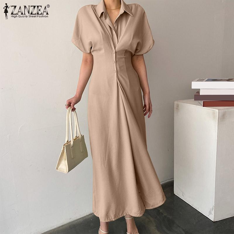 

ZANZEA Slim Fit Платье Женщины Лето Отвернуться воротник Короткое рукава Платье