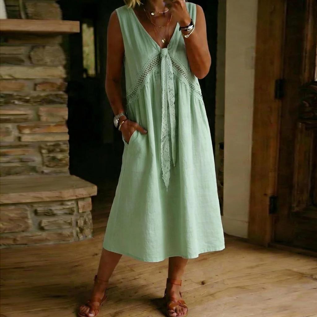 Abito estivo da donna senza maniche con bordi in pizzo, scollo a V, casual, vestibilità ampia, abito midi per uso quotidiano, vacanze al mare