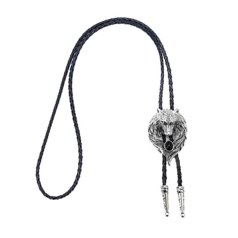 Mens Bolo Tie Necktie Vintage Leather Braided Rope Necklace with Metal Wolf Head Stone Pendant Jewelry Cowboy Necktie