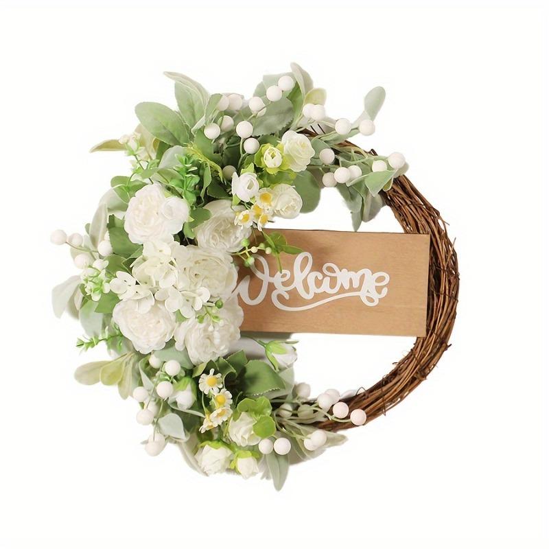 Artificial White Peony Wreath with Welcome Sign Farmhouse Wedding Spring Door Hanging Decor Realistic Flower Garland