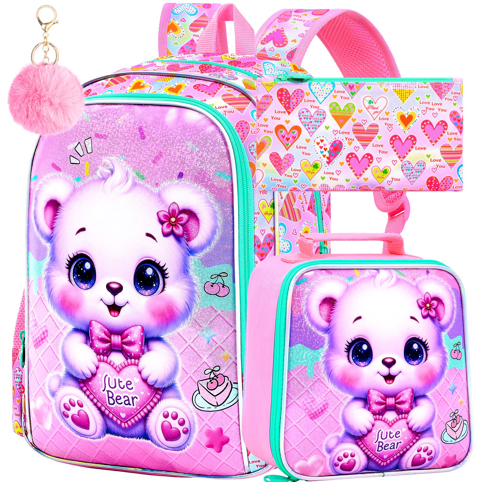 3PCS Backpack for Girls, 16  Little Kids Bear Preschool Bookbag, Elementary Backpacks and Lunch Box - Purple