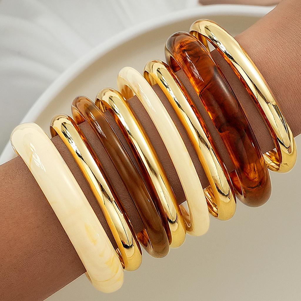 8 Pcs Vintage Gold Color Resin Bangle Set For Women Fashion Chunky Stackable Acrylic Cuff Bracelet Boho Party Daily Wear Jewelry