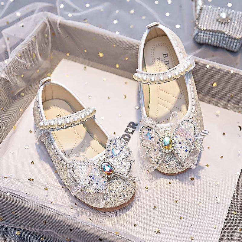 Girls' Fishtail Bow Leather Shoes - Autumn 2025 New Arrival Princess Style, Soft Sole with Pearl Detail