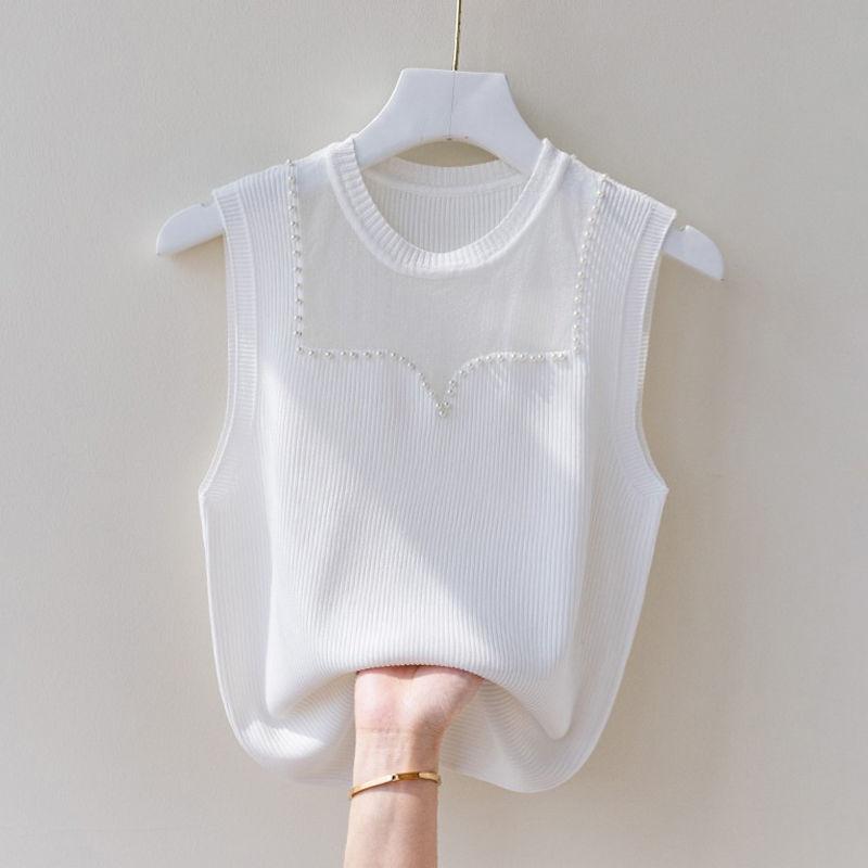 Strap Vest, Women's Round Neck, Mesh, Temperament, Nail Bead, Sleeveless Knit Sweater, Summer Top