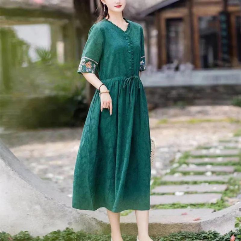 

Летняя мода Платье с коротким рукавом Вышивка Жаккард Новое Ретро Элегантное Большого размера Свободное Повседневное А-силуэта Вечернее Средней длины с завышенной талией Платья Одежда 3XL зелёный