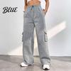 Loose Leg Trousers Women Cargo Pants Elastic High Waist Adjustable Drawstring Long Wide-leg with Multi Pockets Wide Design Solid Color Casual