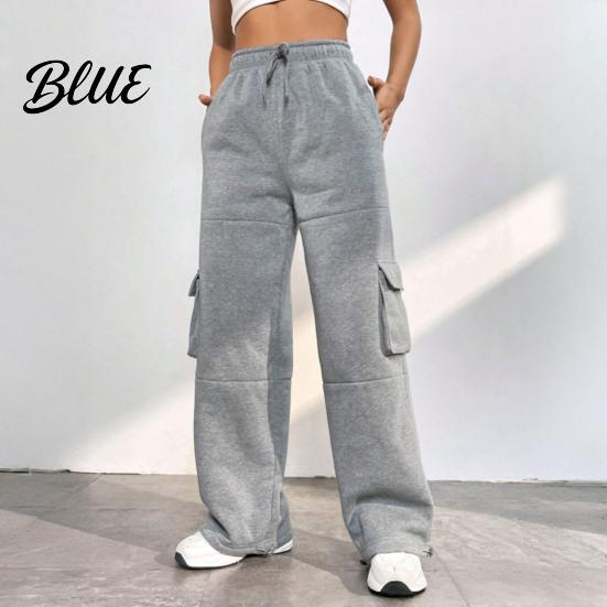 Loose Leg Trousers Women Cargo Pants Elastic High Waist Adjustable Drawstring Long Wide-leg with Multi Pockets Wide Design Solid Color Casual