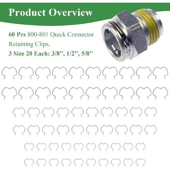 60 Pcs 800-801 Quick Connector Retaining Clips, 3 Size 20 Each: 3/8'', 1/2'', 5/8'', Transmission Oil Cooler Line Clips/Radiator Hose Retaining