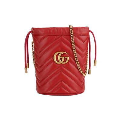Gucci GG Marmont zlatě označené Logo prošívaný řetízkový ramenní popruh stahovací sáček messenger taška kožená jednoramenná taška mini dámská červená
