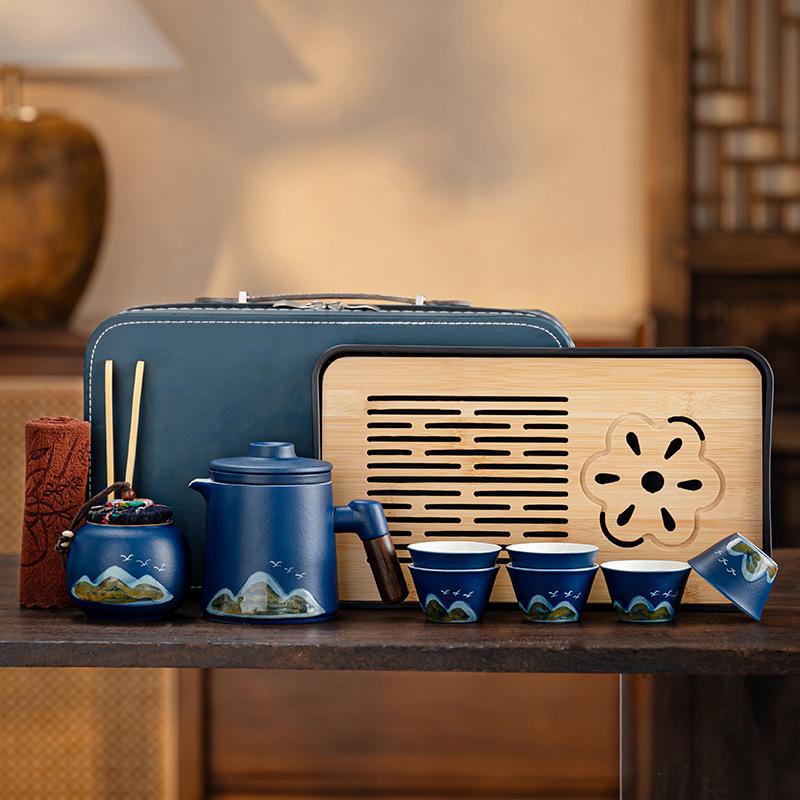 Light Luxury Retro Set Coarse Pottery Qingshan Flying Bird Office Kuaike Outdoor Travel Tea Set Portable Set Enterprise