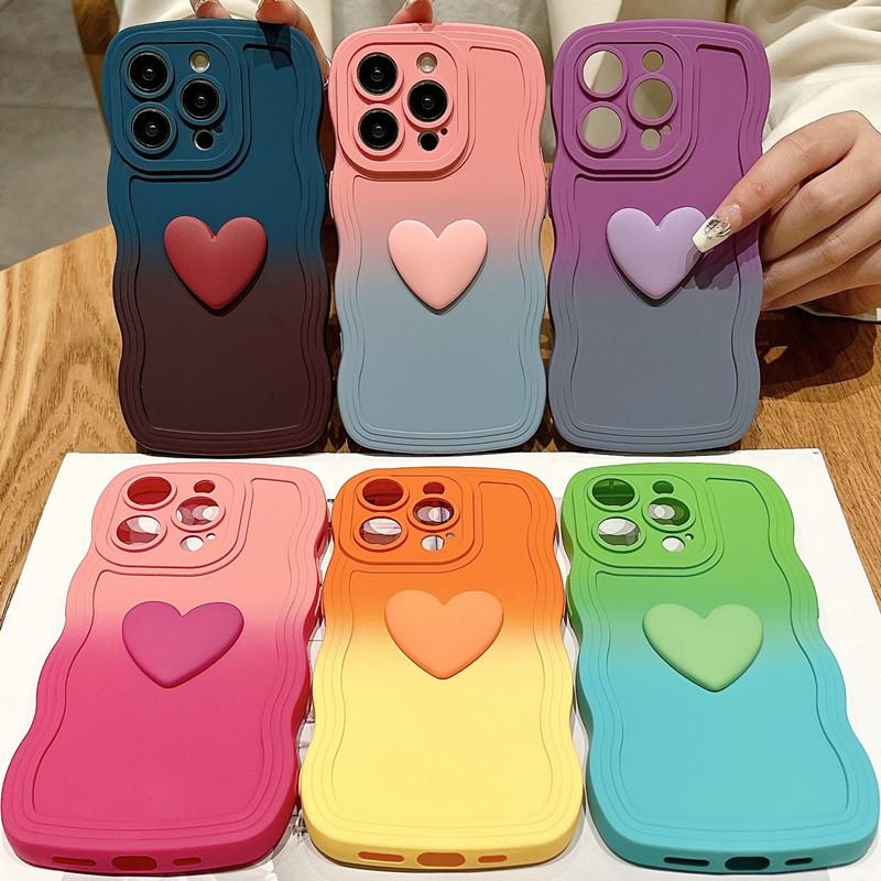 3D Niedlich Liebe Herz Farbverlauf Lockige Welle Handyhülle Für iPhone 15 Pro Max 14 13 12 11 XS X XR 7 8 6 S Plus SE Weiche Hülle
