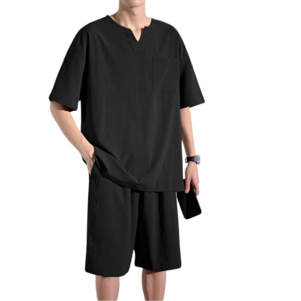 

Platilive Short Sleeve Summer Set with Top and Solid Large Size L Men s V-Neck T-Shirt Shorts, Color, Sizes, Moisture-Wicking, Quick-Drying,