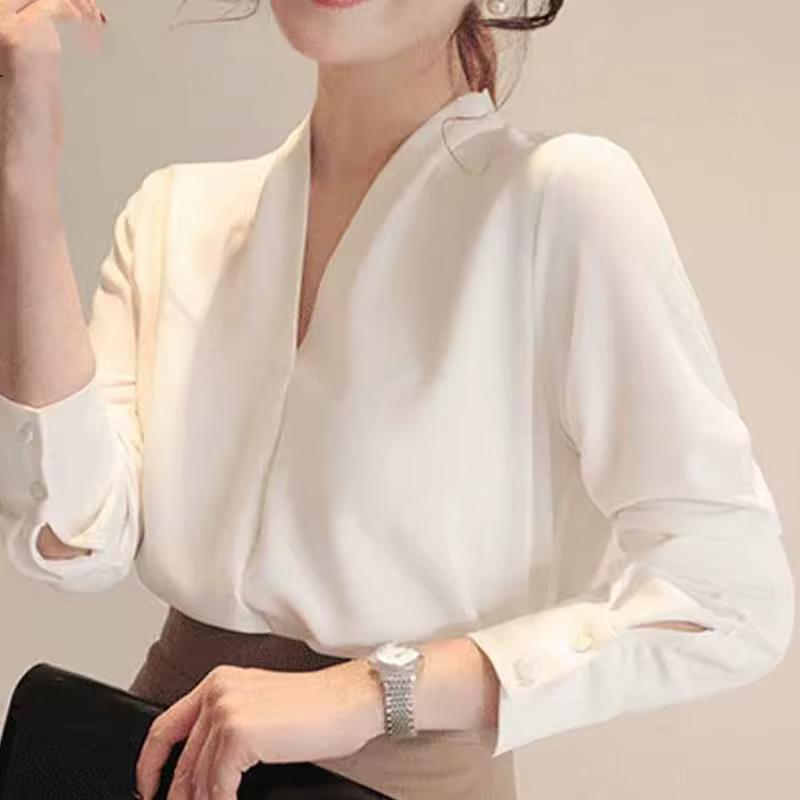 Spring Korean Style Long Sleeve Shirt Elegant White Chiffon Blouse Office-lady Loose Socialite Womens Tops