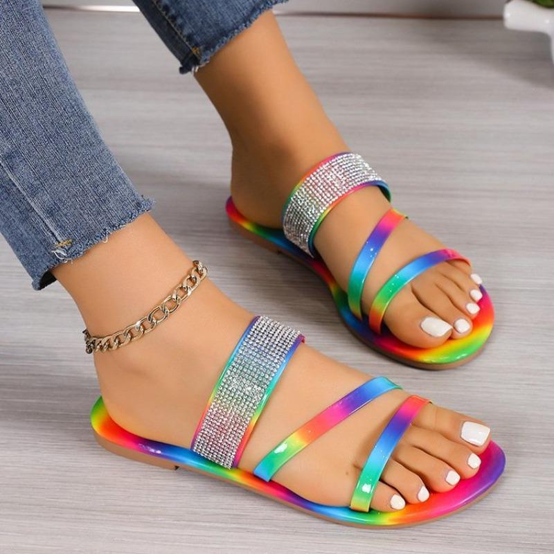 Spring and Summer New Large Size Rainbow Rhinestone Cool Slippers Flat Bottom Fashion Daily Casual Wear Comfortable Dew