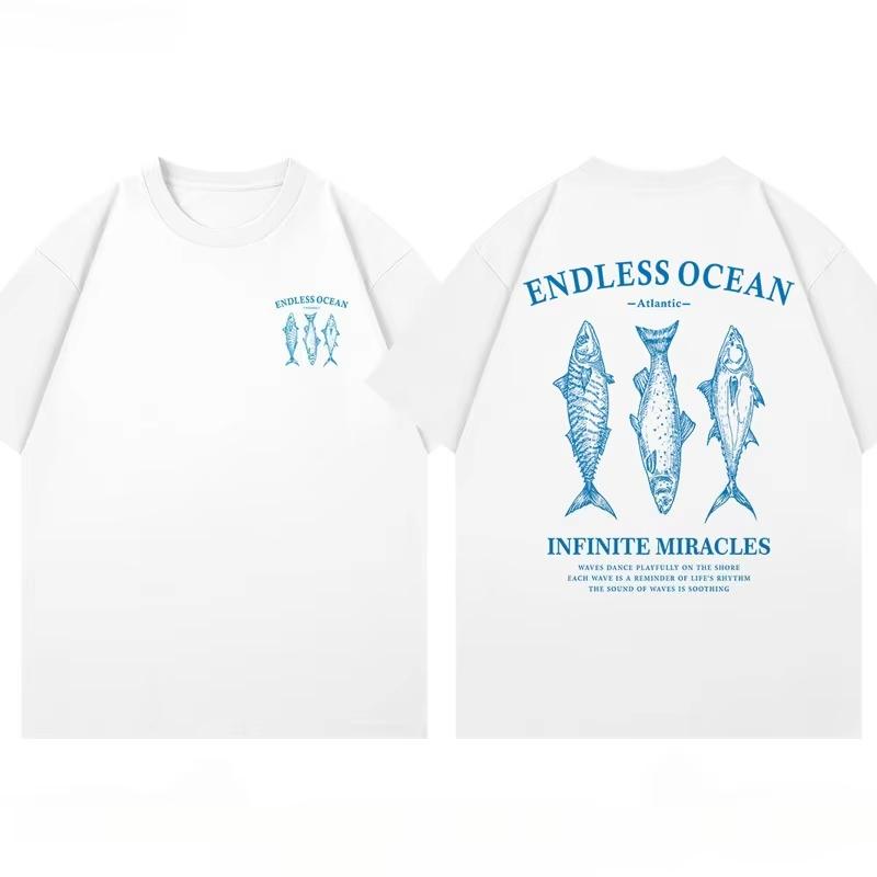 New Summer 2025 fun fishing print cotton Tshirt loose and fashionable couple shortsleeved mens and womens tops S