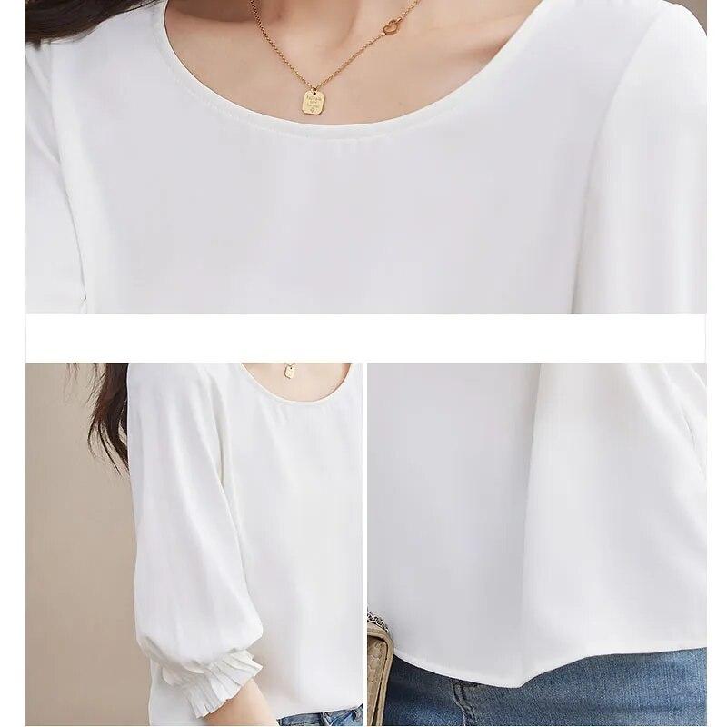 Moda șifon și gât O Cămăși pentru femei Topuri cu mâneci trei sferturi Bluze pentru damă de birou alb Îmbrăcăminte pentru femei 29467