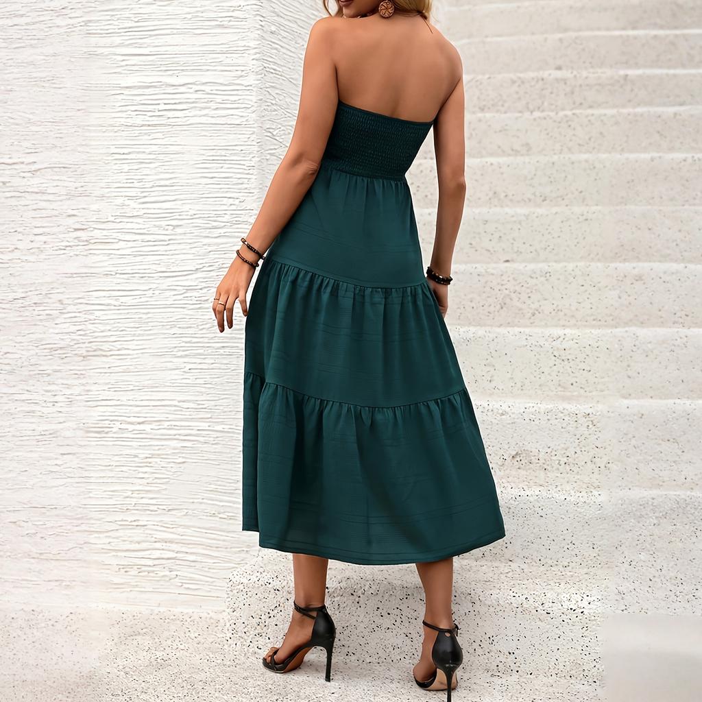 Women's Casual Fashion High-waisted V-neck A-line Dress With Ruffle Sleeves Ruffle Sleeves