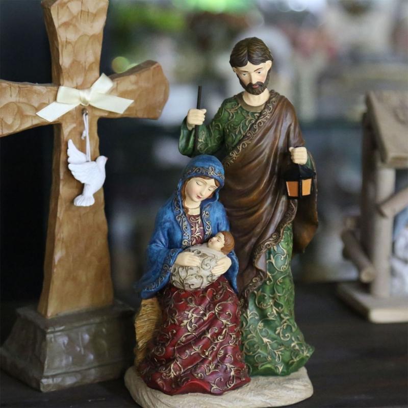 Vintage Holy Family Christmas Figurine Resins Nativity Scene Sculpture Holiday Tabletop Religious Decors Ornament Gift