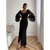Women V‑Neck Maxi Evening Dress Mesh Flare Long Sleeve High Slit Bodycon Formal Gown For Wedding Guest Party Prom
