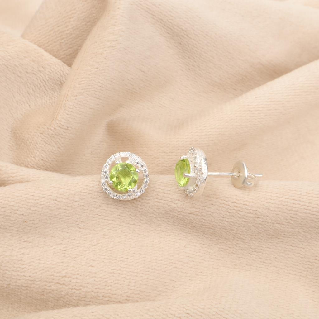 Round Peridot Gemstone 925 Sterling Silver Jewelry Zircon Stud Earrings For Her CZE-8-8