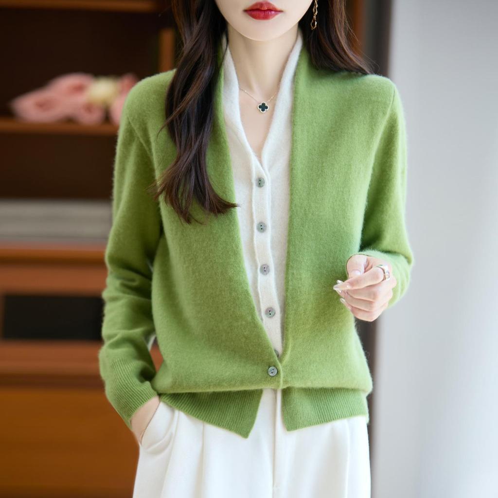 100% Wool Color Block Two-Piece Cardigan - Autumn/Winter Long Sleeve Loose Top for Women