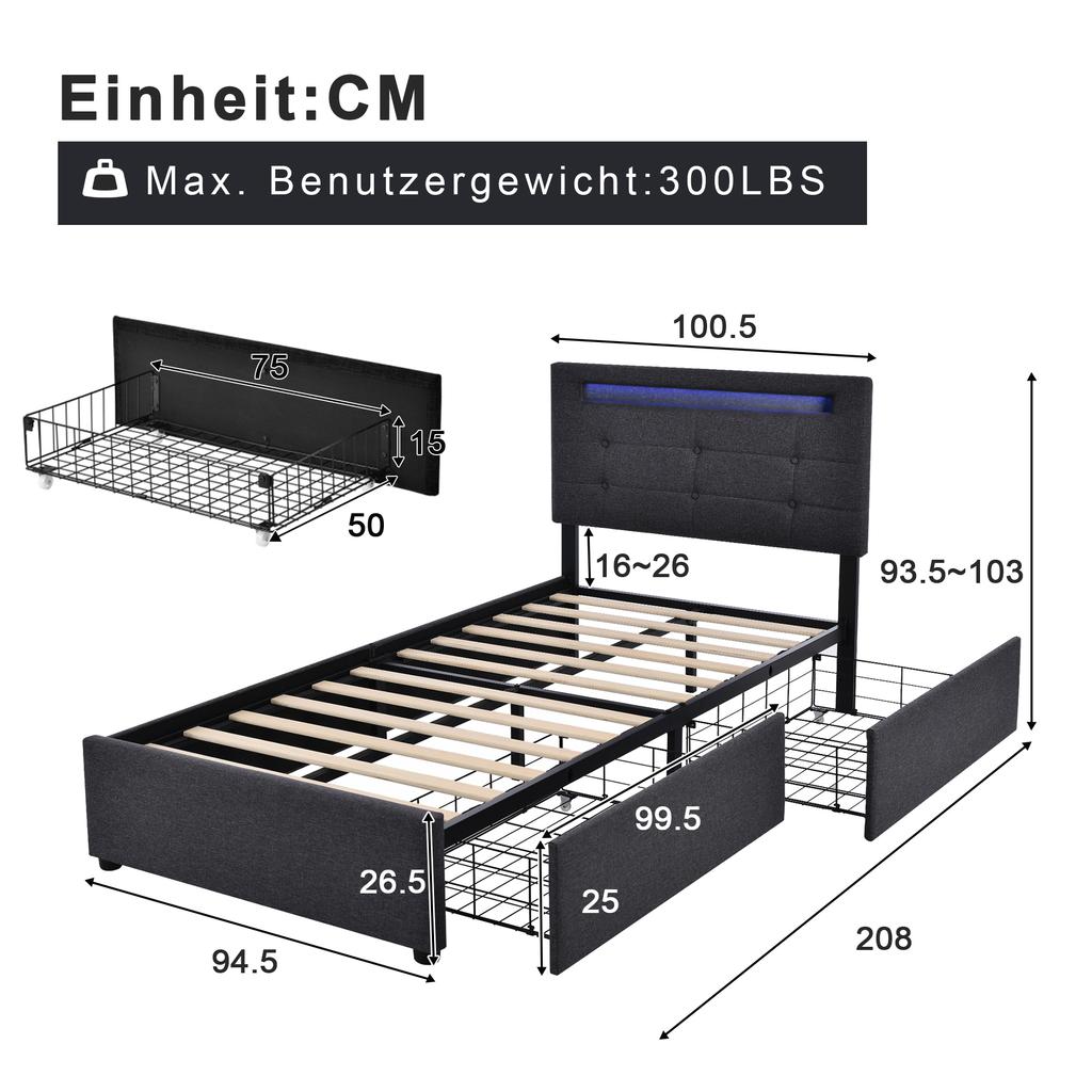 Bed Frame with LED Lighting and 2 Drawers, Single Upholstered Bed 90x200cm, Height-Adjustable Headboard, Wooden Slatted Frame, Grey (Without Mattress)