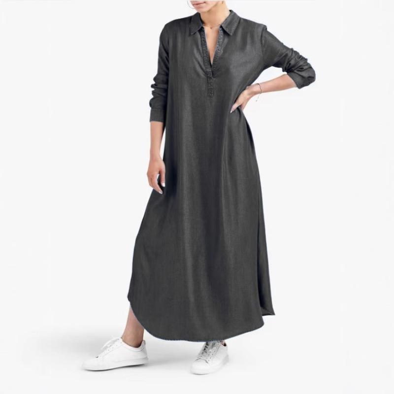 Plus Size Solid Color Denim Maxi Dress: V-Neck Long Sleeve A-Line Cut Dress for Women, Casual Comfortable Everyday Casual Chic Outfit