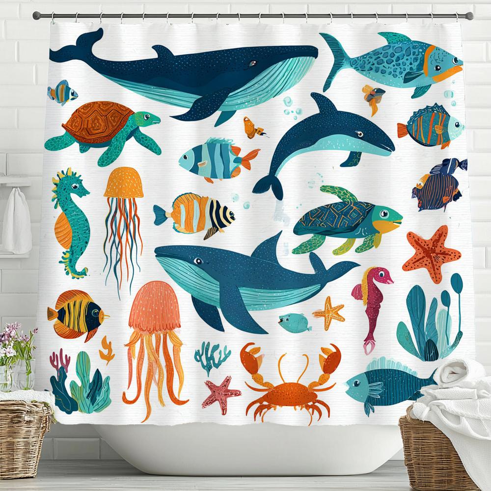 Cartoon Blue Sea Dolphin Underwater World Printed Shower Curtain, Bathroom Shower Curtain, Home Decorative Curtain With Hooks