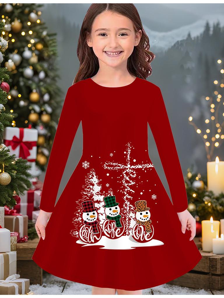 Mädchen Herbst- und Wintermodekleid, 3D Weihnachtsprint Rundhalsausschnitt Lang Kinder-T-Shirt-Kleid, Lässig Vielseitig, Weihnachtskleidung
