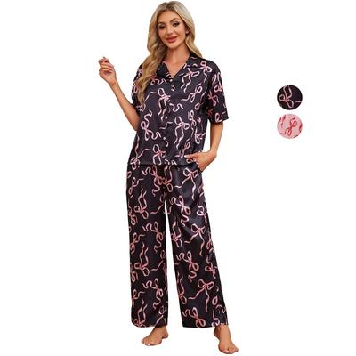 Damen Satin Pyjama Schlafanzüge Bedruckte Kurzarmhemden Lange Hosen 2-teiliges Set Schlafanzug Loungewear aus Kunstseide