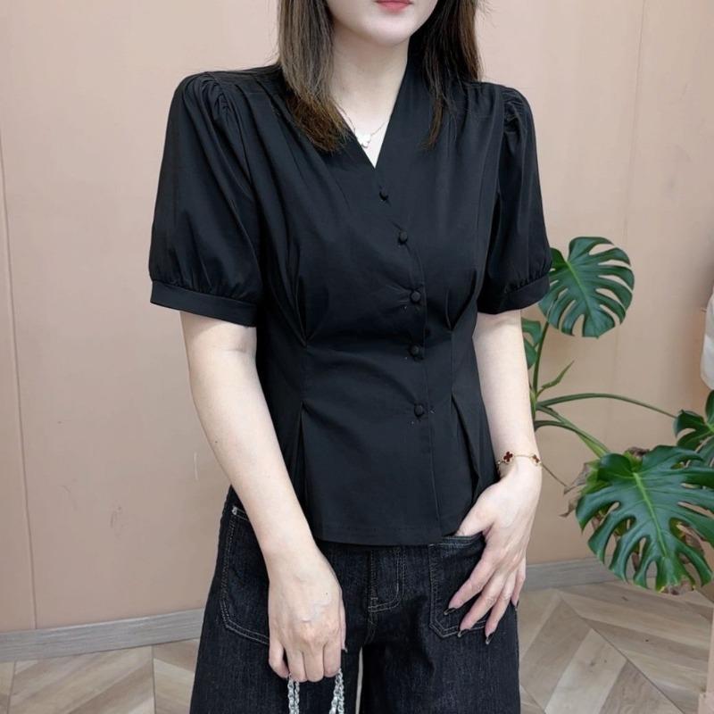 Women's Yellow V-Neck Blouse Puff Sleeve Button Down Fitted Casual Shirt