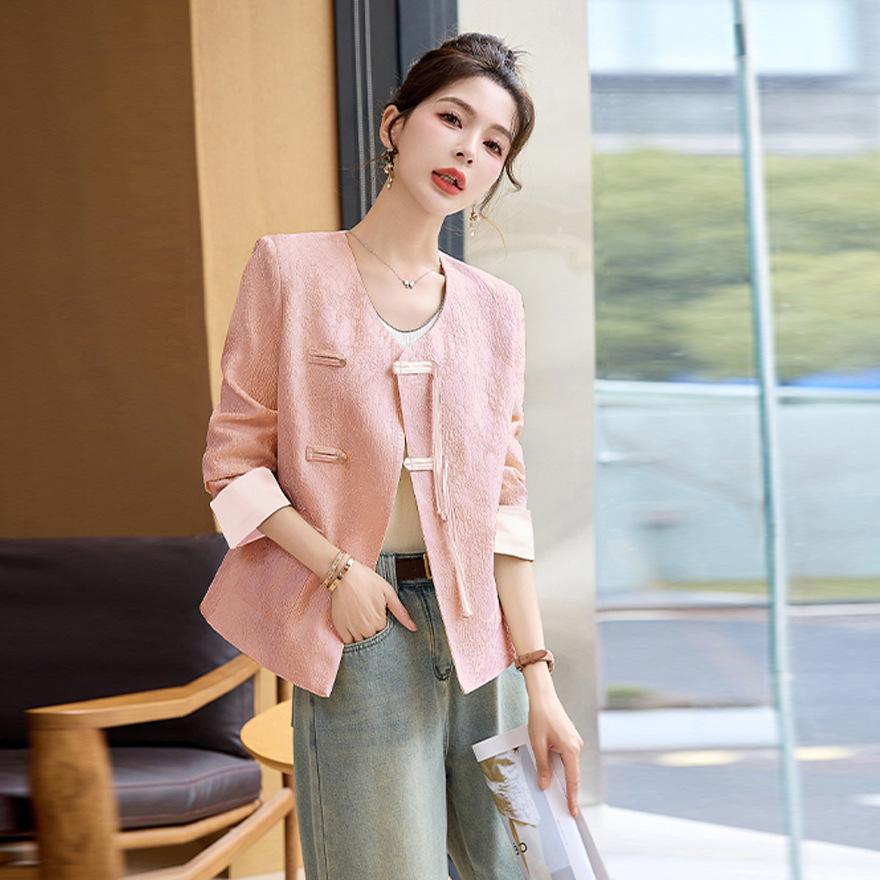 

Дизайнерская жаккардовая куртка женская весна-осень новая однобортная темпераментная простая универсальная кофта XL розовый