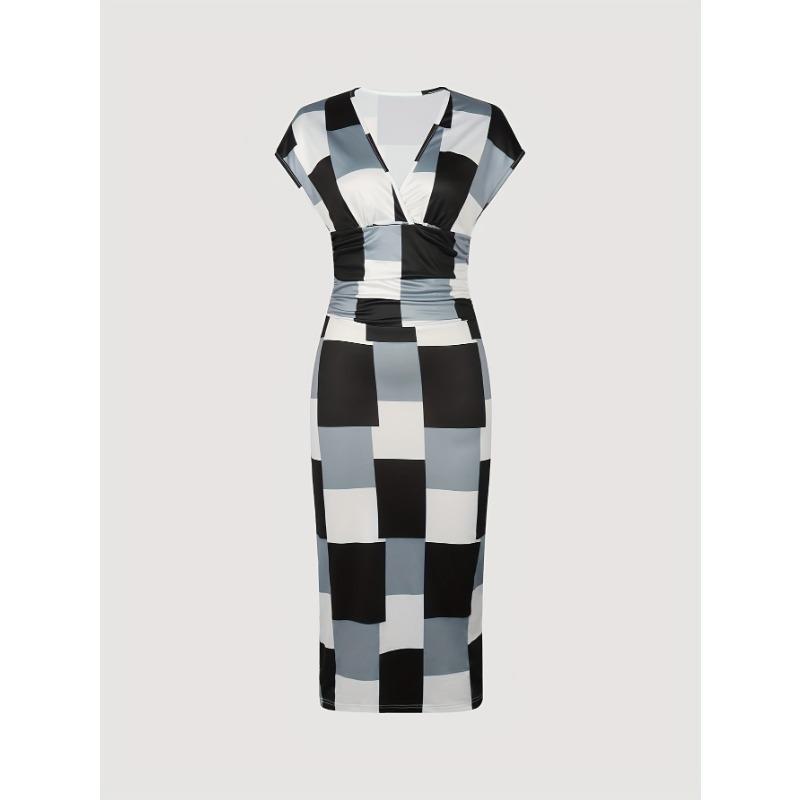 Patchwork Print V Neck Dress, Elegant Short Sleeve Dress For Spring & Summer, Women's Clothing