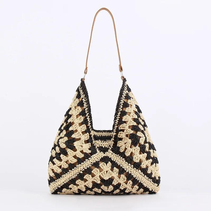 

Women Straw Tote Bag Large Capacity Vintage Vacation Shoulder Bag Everything Casual Handbag Designer Hollow Summer Beach Bag
