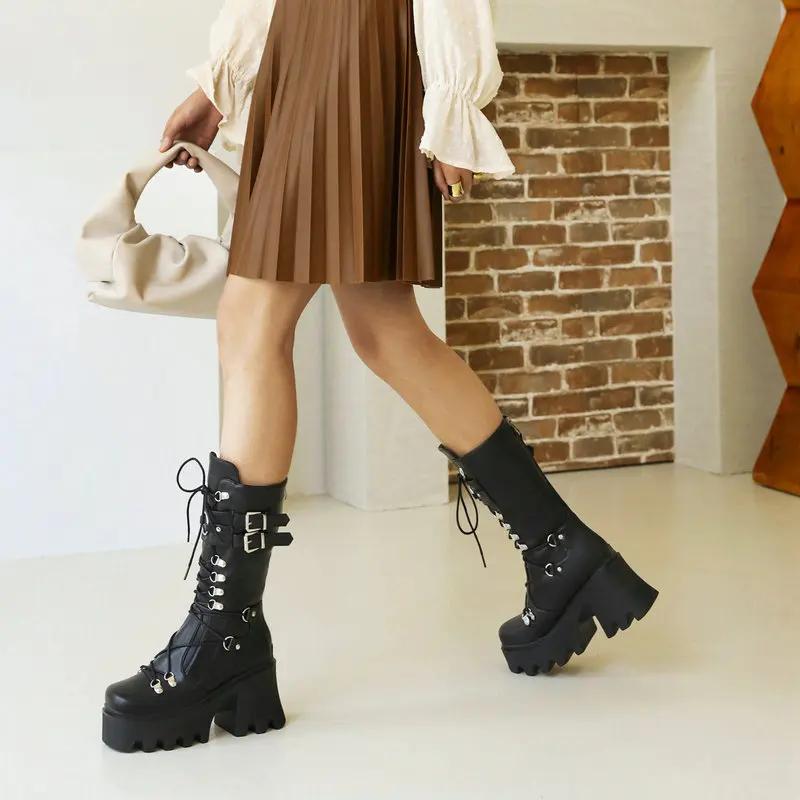 Fashion Autumn/winter boots for women patent leather mid-leg boots for women belt buckle muffin platform motorcycle boots for high boot
