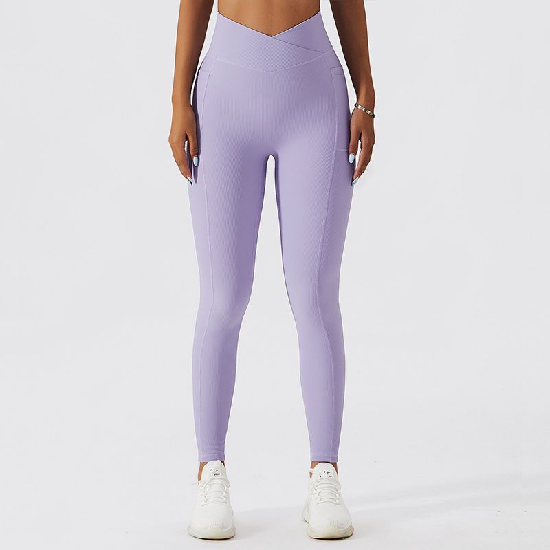 

V-Shaped Fashion Fitness Pants Peach Hip Outwear Cross Yoga Pants Women s High Waist Hip Lift Fancy Tight Sports Pants Smoked clothes purple M
