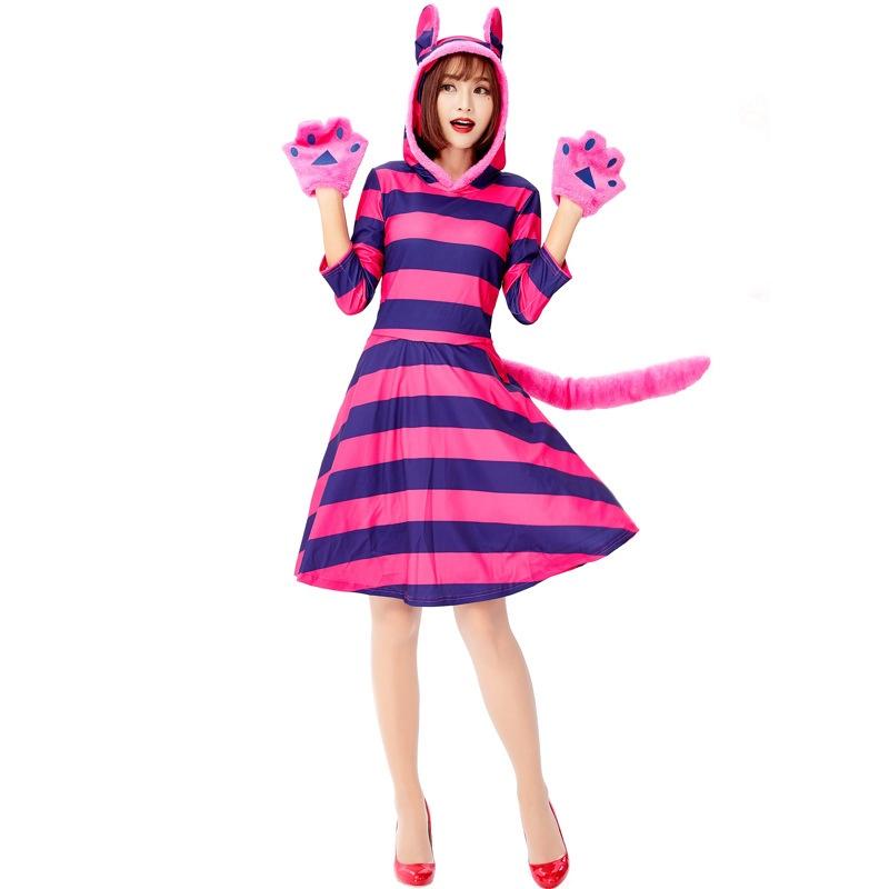

In Alice Wonderland Cheshire Cat Adult Costume Cosplay Women Hooded Dress Fancy L