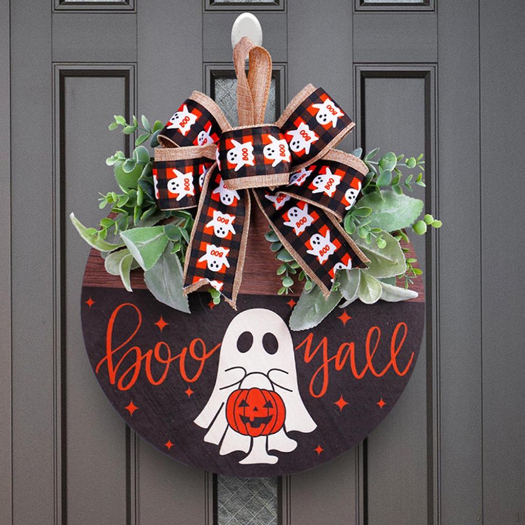 Halloween Wooden Hanging Sign Boo Ghost Door Hanger with Bow Decorative Front