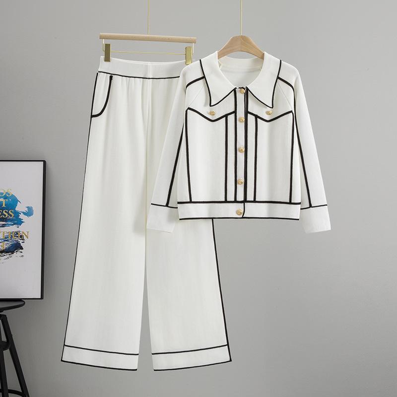 

Women s Autumn/Winter Polo Collar Sweater Set: Knitted Cardigan and Pants Two-Piece Outfit in Elegant Scented Style. One Size білий