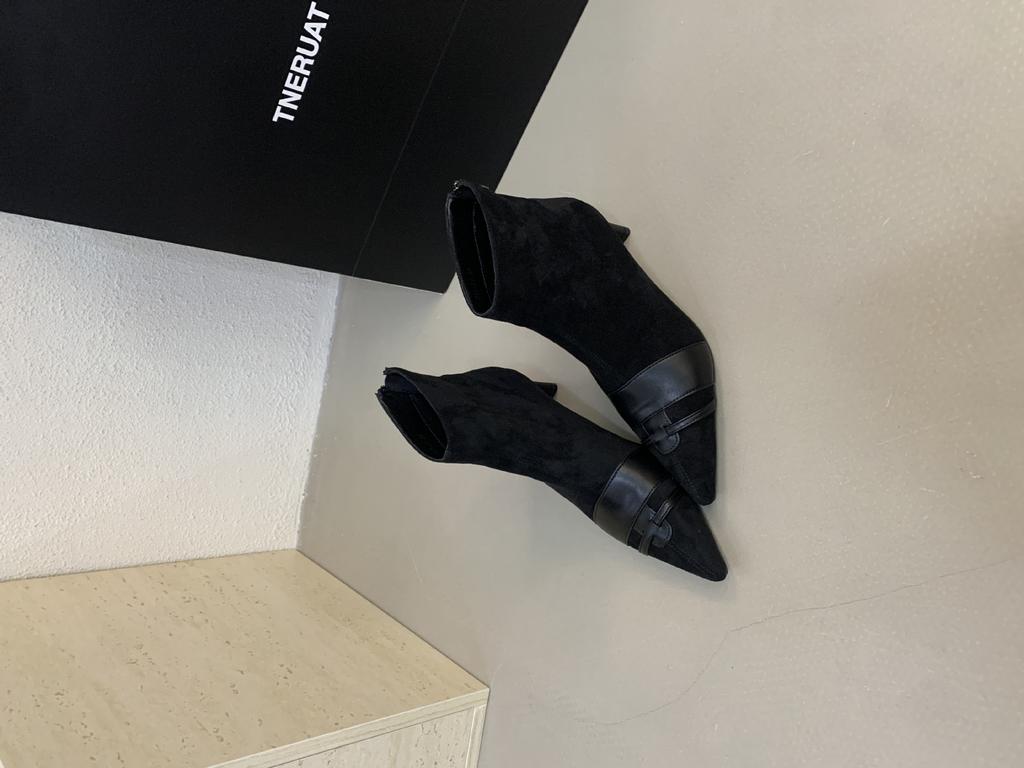 2025 French Suede Splicing Pointed Thick High-heeled Short Boots Women's Autumn and Winter New Fashionable Versatile Rear Zipper Short Boots